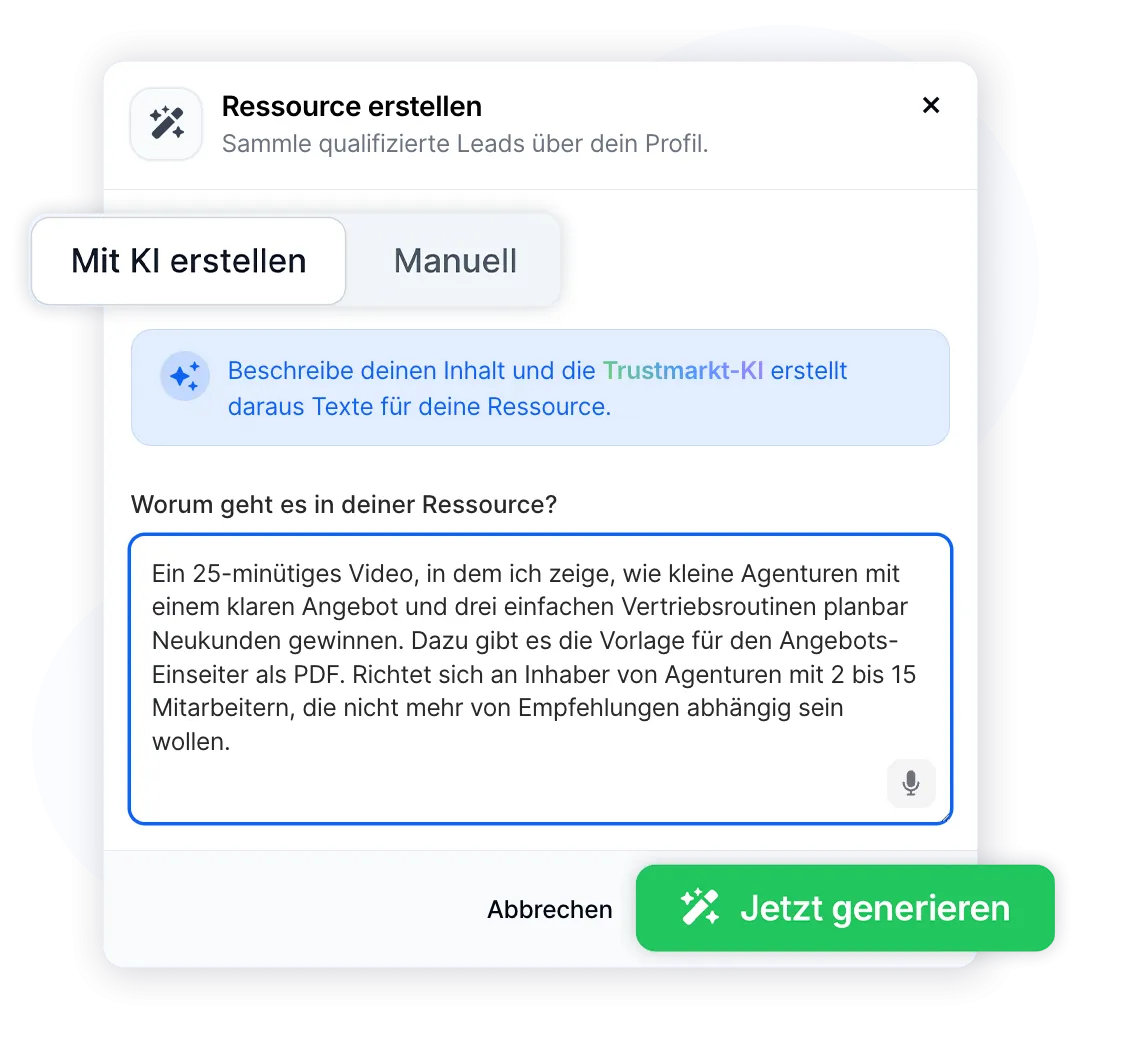 Landingpage-Texte eines Lead-Magneten mit der Trustmarkt-KI aus einem kurzen Briefing generieren