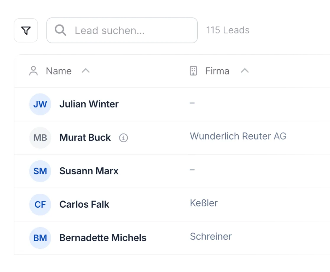 Leads-Dashboard im Trustmarkt-Verwaltungsbereich mit Export als Excel oder CSV