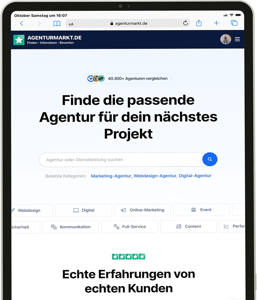 Screenshot der Startseite von Agenturmarkt.de – der Plattform zum Vergleichen von über 40.000 Agenturen in Deutschland.