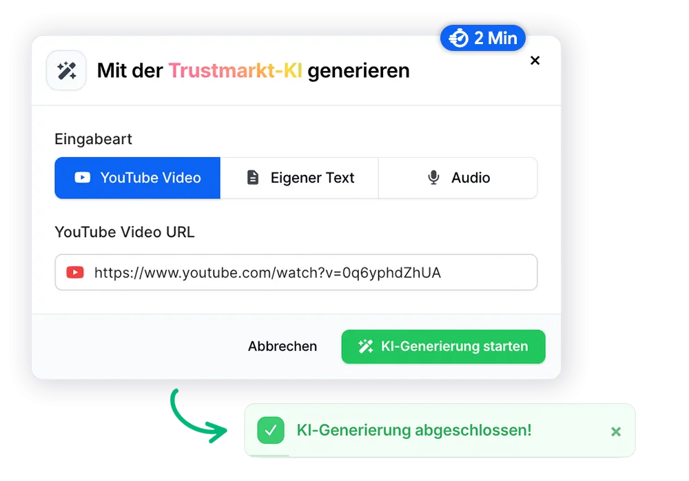 Trustmarkt-KI Artikel-Erstellung – Inhalte in Minuten generieren